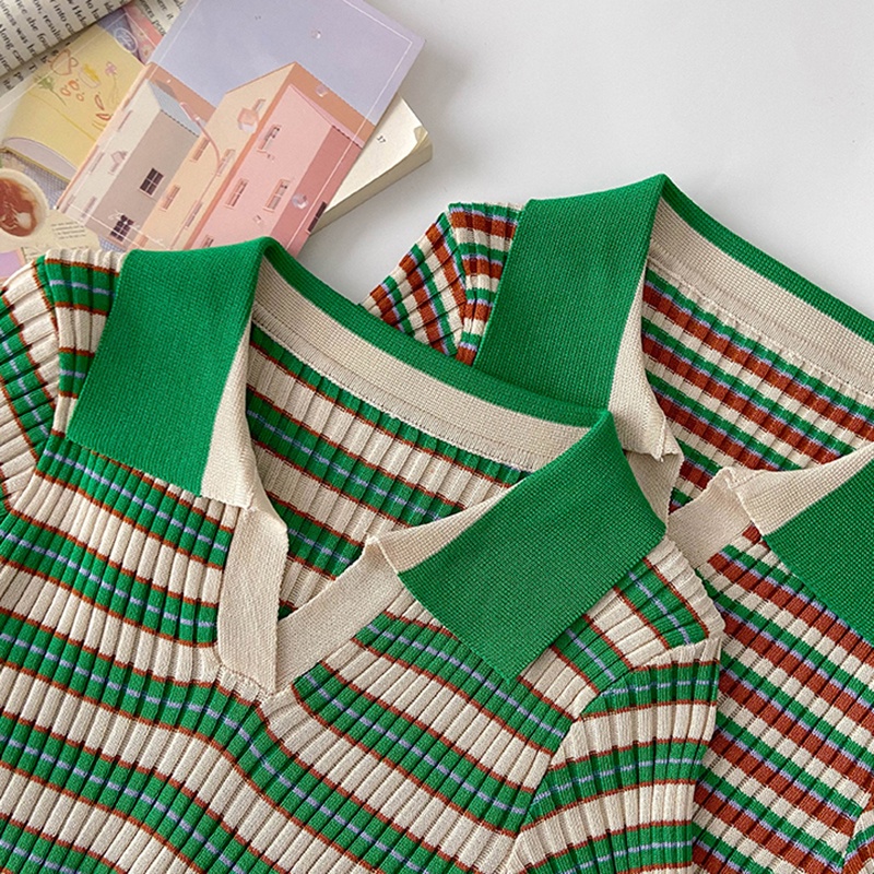 Áo Croptop Len Mongtoghi Kẻ Cổ Bẻ Cộc Tay Co Giãn Thời Trang Sugal TOP NU 049