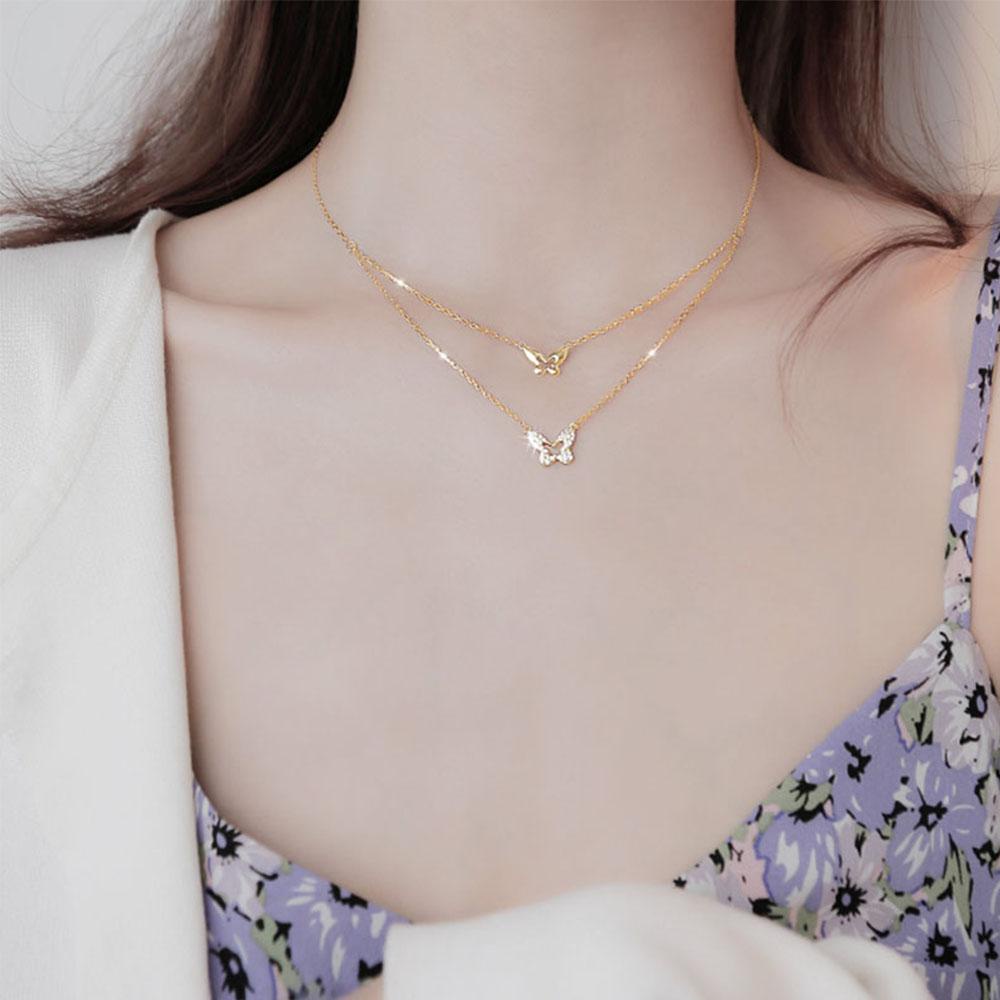 Vòng Cổ Choker Hai Lớp Mặt Bướm Đính Đá Sáng Bóng