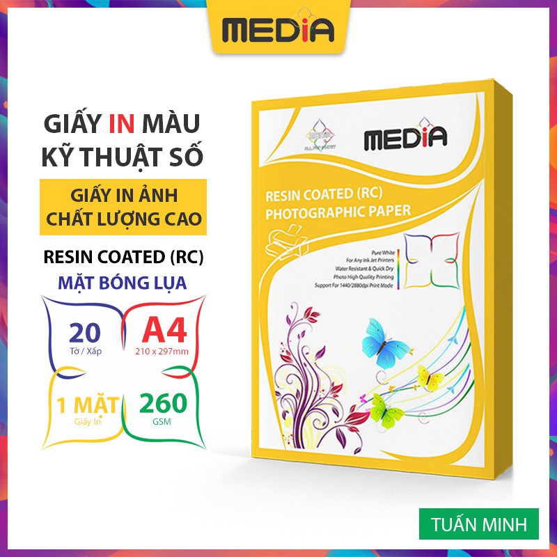 Giấy In Ảnh Cao Cấp Media Resin Coated (RC Semi Glossy) 1 Mặt Siêu Bóng Lụa A4 260gsm 20 Tờ, Dùng Cho Tất Cả Máy In Phun