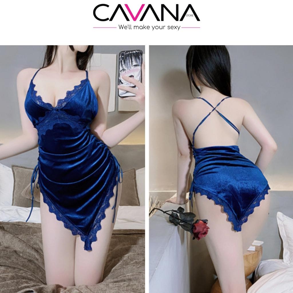 Đầm ngủ, đồ ngủ sexy gợi cảm 2 dây sang trọng nhung cao cấp phối ren N08 - CAVANA STORE