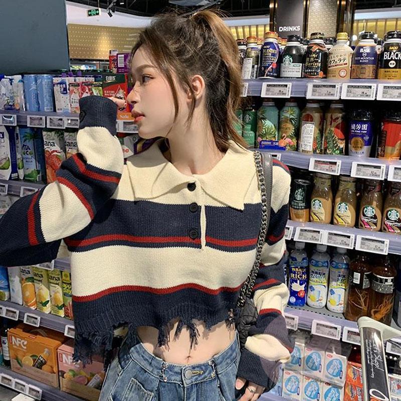 Áo Dệt Kim Tay Dài Cổ Tròn Màu Sắc Tương Phản Thời Trang Cho Nữ