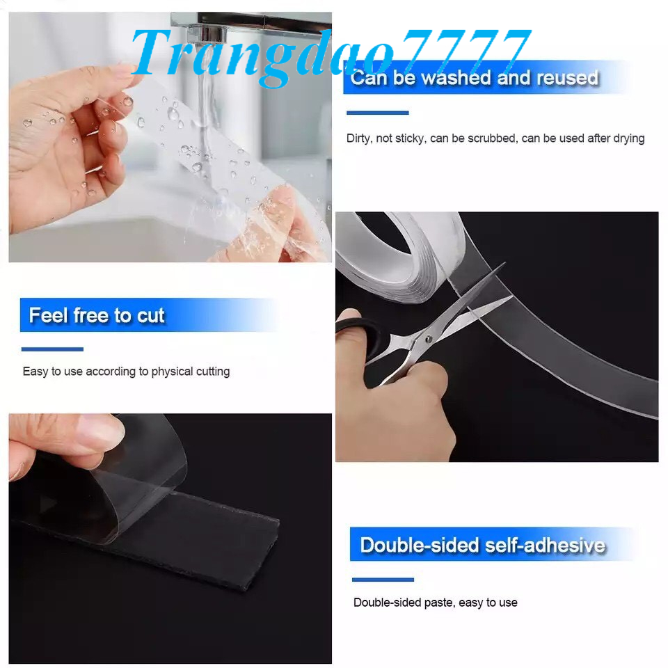 Dài 3m Dầy 2mm Băng Keo 2 Mặt Trong Suốt Chất Liệu Silicon Nano Magic Double Sided Sticking Dán Dính Siêu Chắc Băng Keo