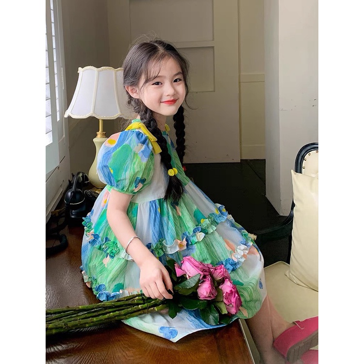 Váy hoa xanh nơ vàng cho bé gái 9-35kg size nhỡ G20