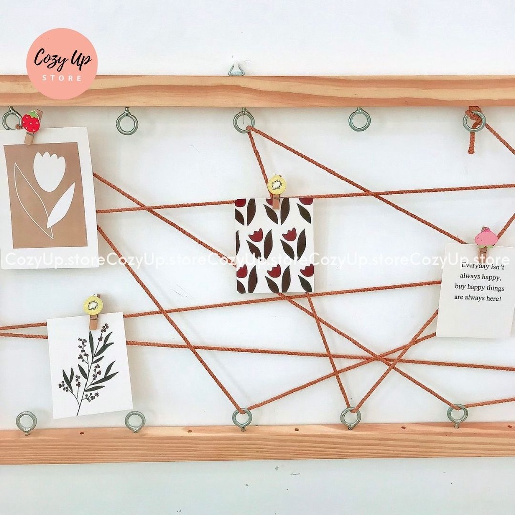 Khung gỗ treo tường trang trí - Tặng kèm dây thừng, sticker, kẹp gỗ