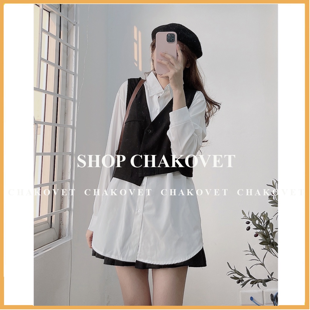 Set áo váy và gile dáng ngắn vạt lệch SA890, kiểu áo sơ mi nữ trắng dài tay form rộng mix áo Gile thời trang hàn quốc | BigBuy360 - bigbuy360.vn