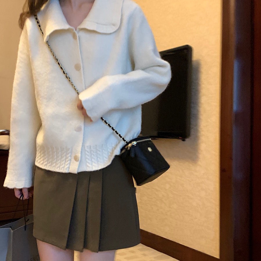 Áo Khoác cardigan Dệt Kim Mỏng Cổ Búp Bê Màu Trơn Ngọt Ngào Thời Trang Hàn Quốc
