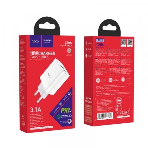 💥Củ sạc Hoco C80A 2 cổng  3.1A, PD 20W, Q.C 3.0 hỗ trợ sạc nhanh cho điện thoại