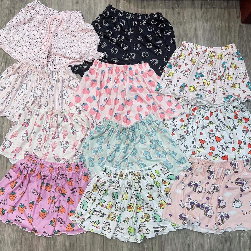 Quần short nữ mặc nhà Hello Kitty - Quần đùi thun nữ viền bèo, dáng ngắn mặc đi ngủ, ở nhà, nhiều màu ngộ nghĩnh