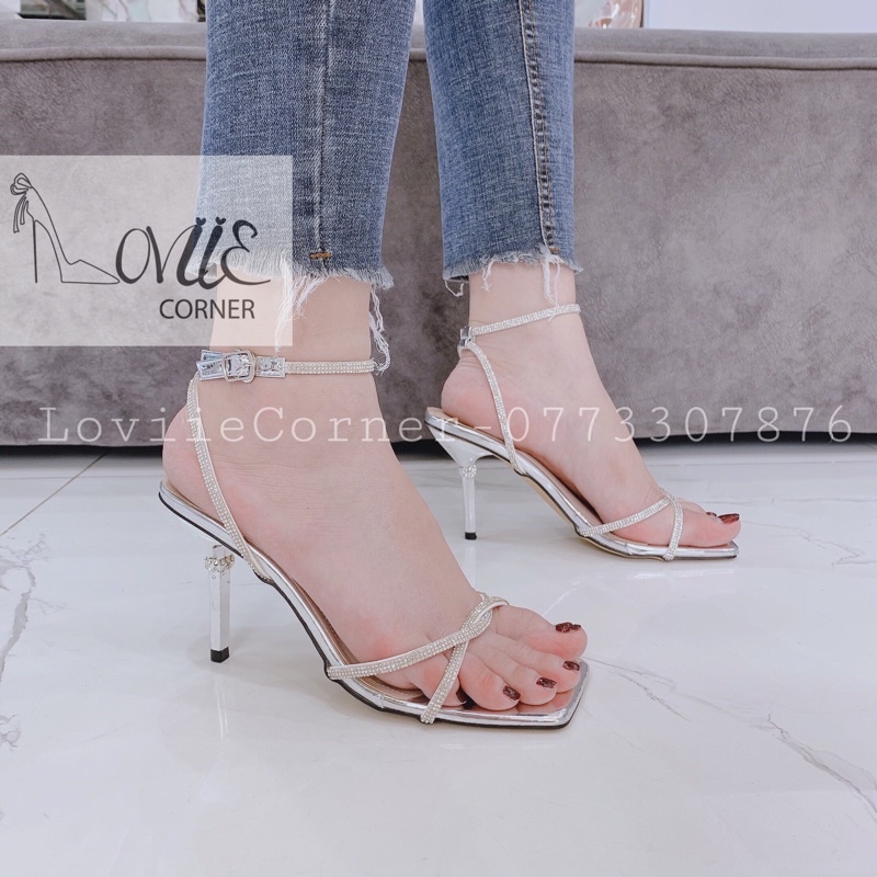 GIÀY CAO GÓT 9CM LOVIIECORNER - SANDAL NỮ QUAI MẢNH ĐÍNH ĐÁ - GIÀY THỜI TRANG MŨI VUÔNG 7 PHÂN G201254 G220521