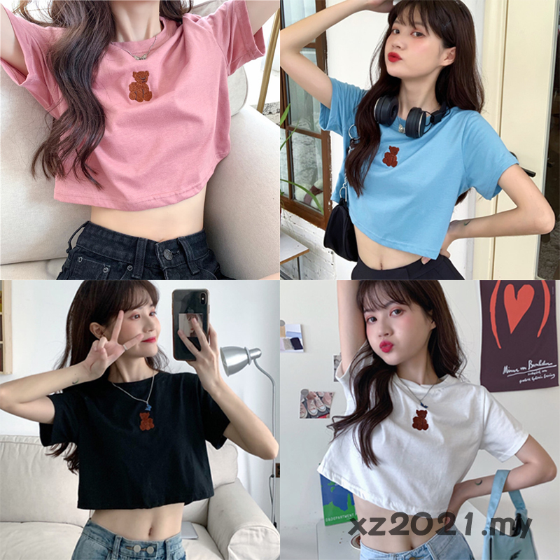 Áo thun tay ngắn thêu hoạt tiết gấu đáng yêu cho nữ