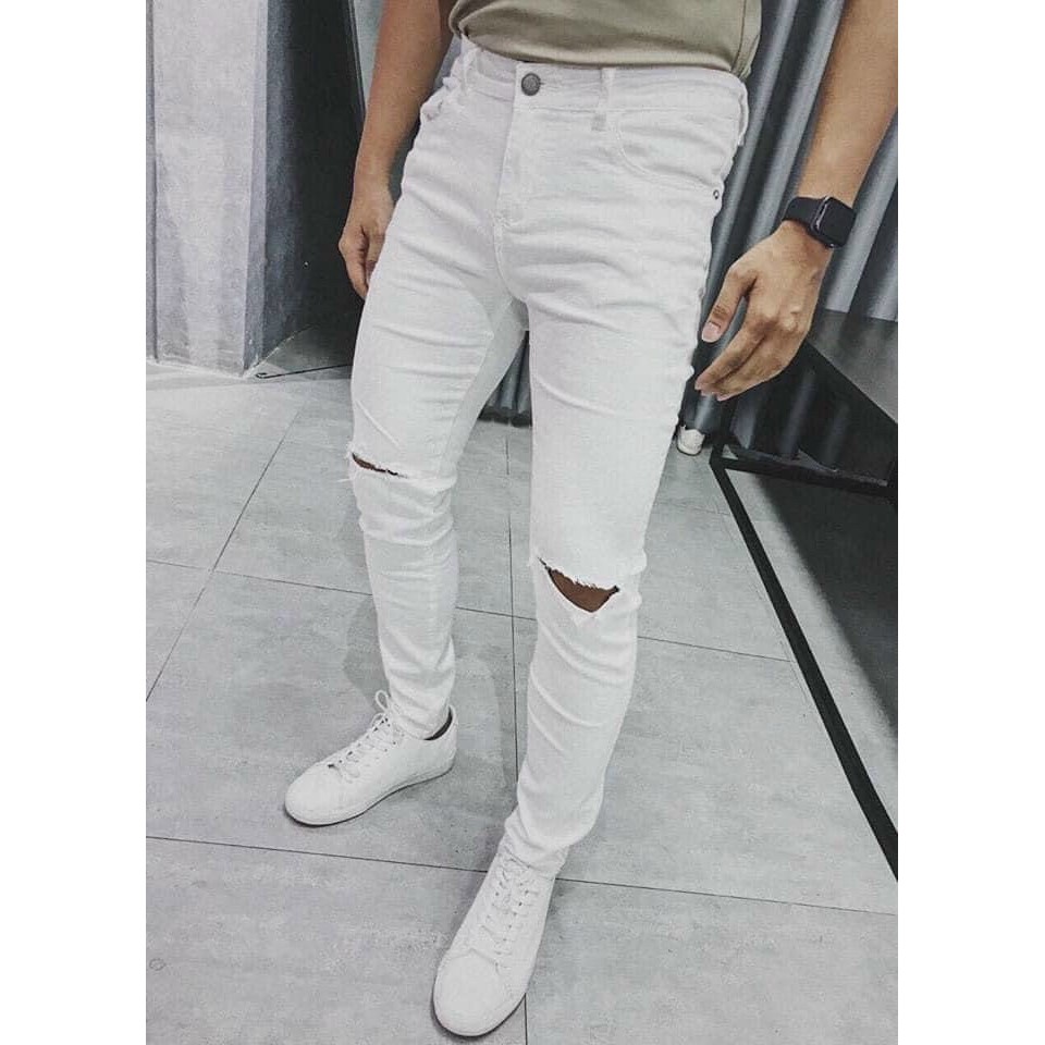 Quần Jean Skinny Rách gối In White Unisex