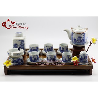 ấm chén Bát Tràng_Bộ bình trà Vại (cỡ lớn) men Lam Cổ vàng kim & phụ kiện