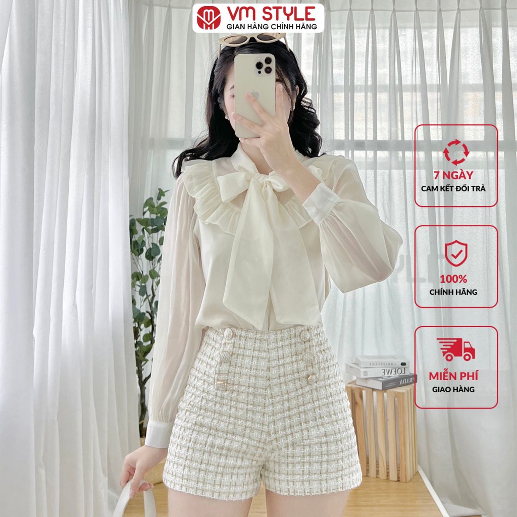 Áo sơ mi dài tay voan VMSTYLE viền bèo phối nơ cổ - ASU00131