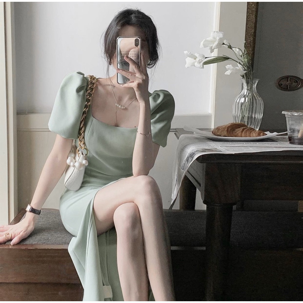 Đầm body thiết kế cổ vuông tay bồng vintage, xẻ đùi sang chảnh, Váy dự tiệc nữ sang trọng lịch sự rẻ đẹp