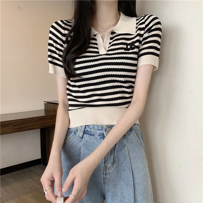 Áo Thun polo Dệt Kim Tay Ngắn Dáng Ôm Thêu Họa Tiết Kẻ Sọc Thời Trang Xinh Xắn Cho Nữ