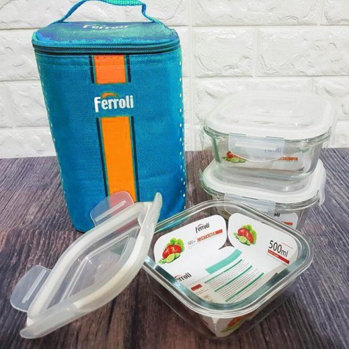 Bộ 3 thố thủy tinh feroli kèm túi xách giữ nhiệt tiện lợi