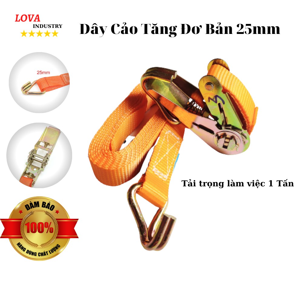 Dây Cảo Tăng Đơ Chằng Hàng Bản 25mm Màu Cam Có móc J, Dây polyester Chiều dài tùy chọn, ràng hàng xe máy, xe ba gác