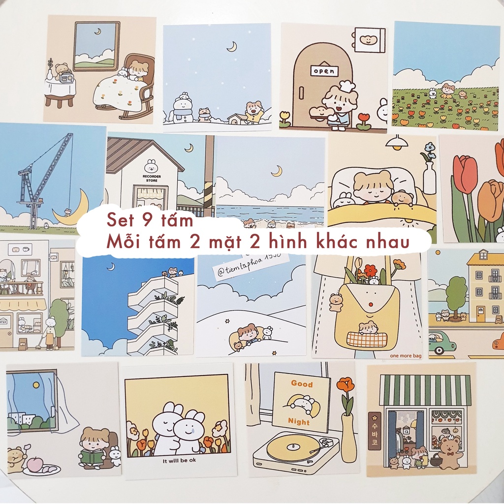 Postcard Tranh Trang Trí Hai Mặt Set 9 Tấm Phụ Kiện Chụp Hình Decor Tường Cute