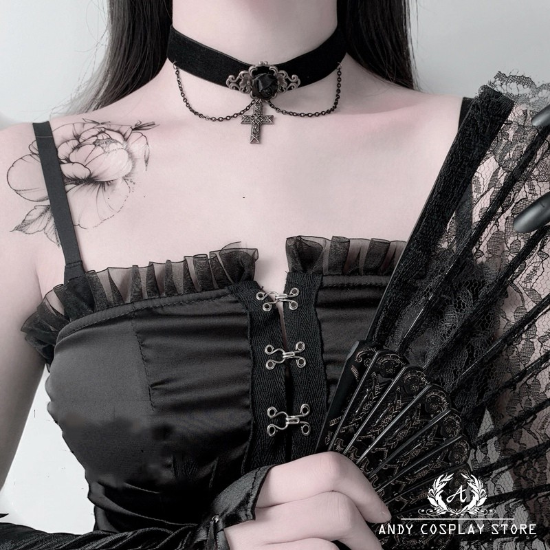 [CÓ SẴN] Vòng cổ choker xích hoa hồng đen thánh giá