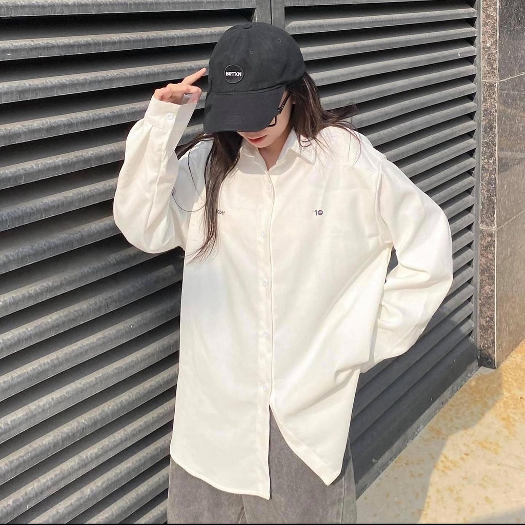 Áo sơ mi tay dài trơn trắng basic unisex vải nhung có size yoyo - Gin Store