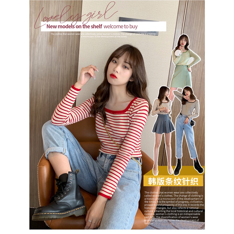 Áo thun SUXI dành cho nữ tay dài cổ vuông họa tiết sọc ngang thời trang