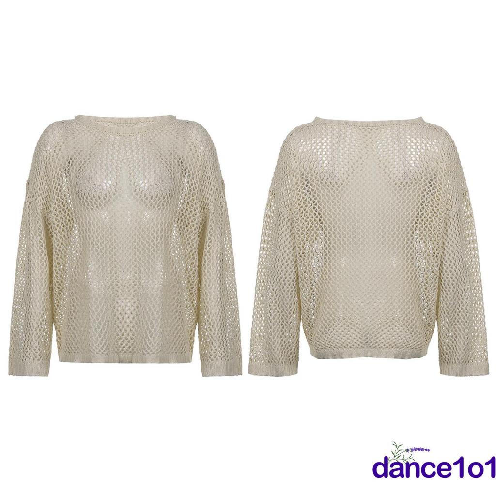 ◐DI❉Women Sexy Hollow-out Loose Round Neck Long Sleeve Knit Smock Blouse