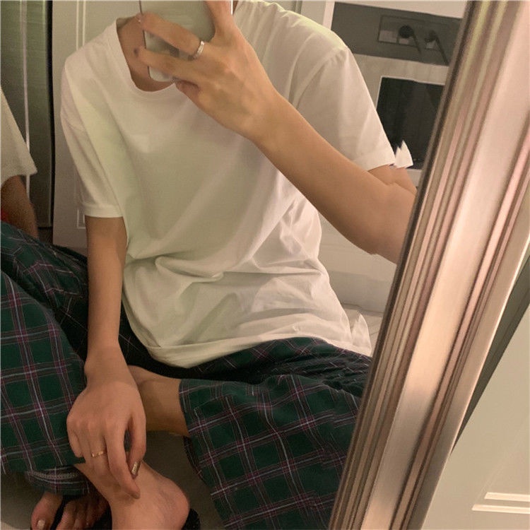 Bộ đồ ngủ tay ngắn dáng rộng quần họa tiết sọc caro phong cách Hàn Quốc thời trang mùa hè năng động cho cặp đôi | BigBuy360 - bigbuy360.vn