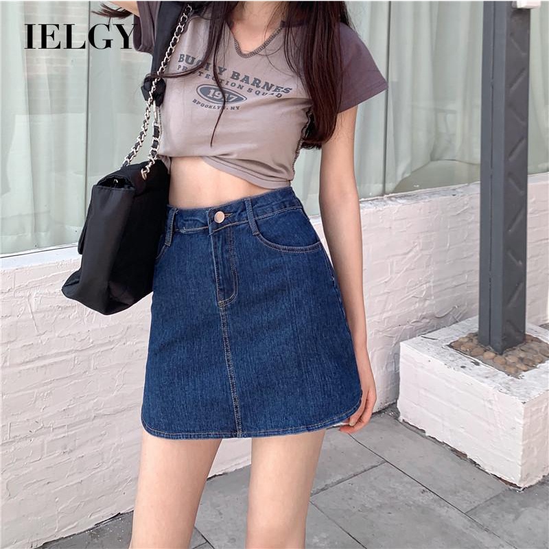 Chân váy IELGY vải jean lưng cao dáng chữ A phong cách Hàn Quốc dành cho nữ