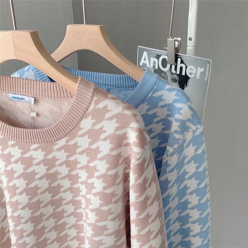 Áo len tay dài cổ tròn họa tiết Houndstooth phong cách Hàn Quốc