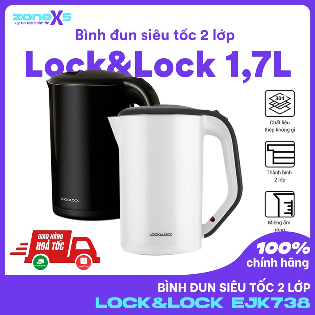 Bình Đun Siêu Tốc 2 lớp Lock&amp;Lock EJK738WHT / EJK738BLK (1.7L)  - Hàng chính hãng