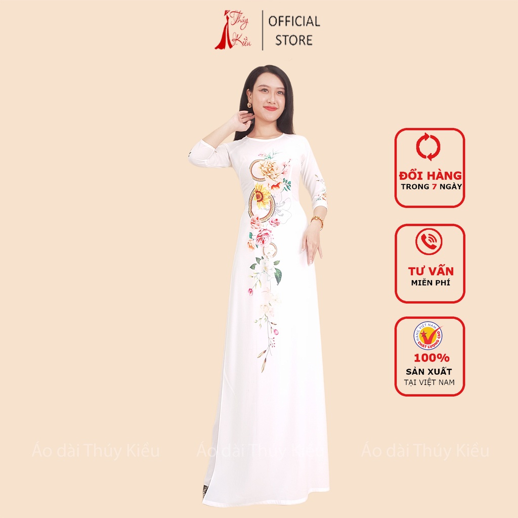 Áo dài truyền thống thiết kế may sẵn cách tân nữ nền trắng hoa eo tròn K141 Thúy Kiều mềm mại co giãn áo dài giá rẻ