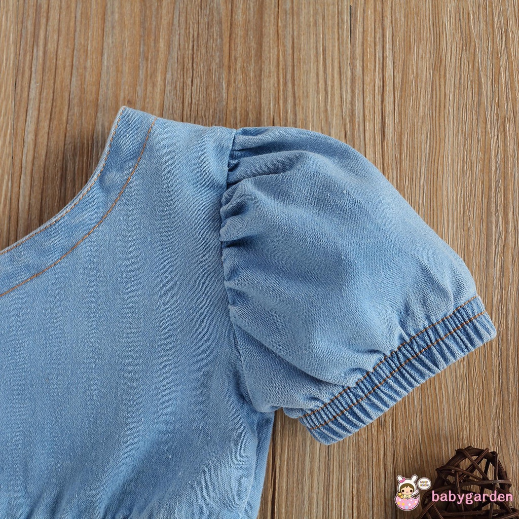 Áo Crop Top Hở Vai Có Túi + Quần Short Denim Cho Bé Gái