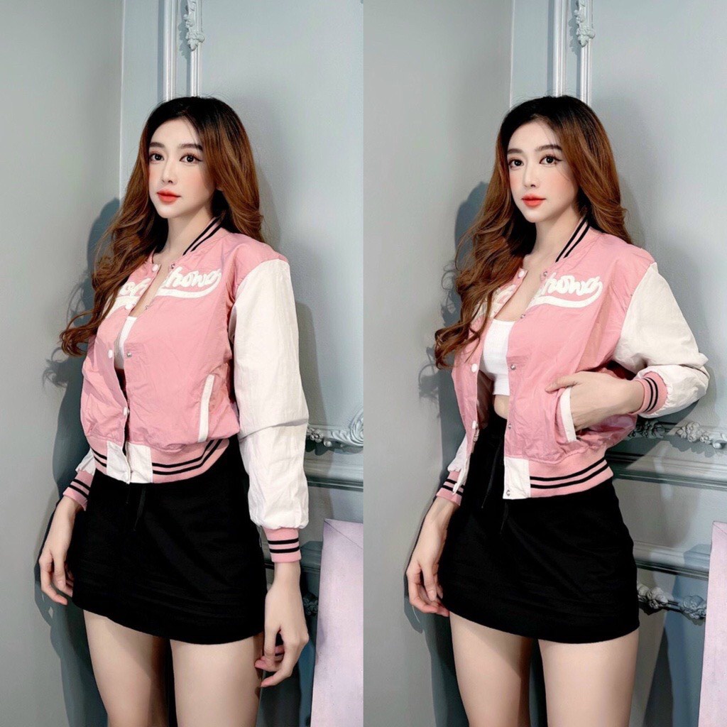 Áo khoác Bomber - Áo khoác croptop nữ vải dù hai lớp phối màu cá tính, trẻ trung.