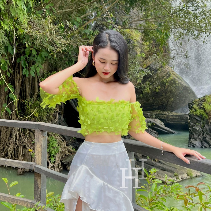 Áo croptop ống tay ngắn ren kết nổi màu đen &amp; xanh HAC144 Hỉn Hỉn Store