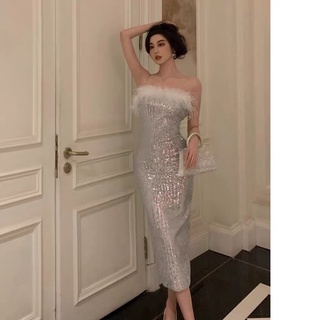 (order) VÁY ÔM BODY CÚP NGỰC SEQUIN LẤP LÁNH PHỐI LÔNG