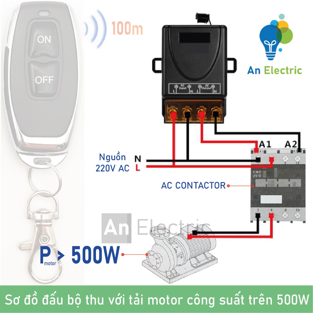 Công tắc điều khiển từ xa 100m công suất cao ngõ ra 30A/AC230V bật tắt thiết bị chiếu sáng, máy bơm, quạt – Bộ 2 tay bấm