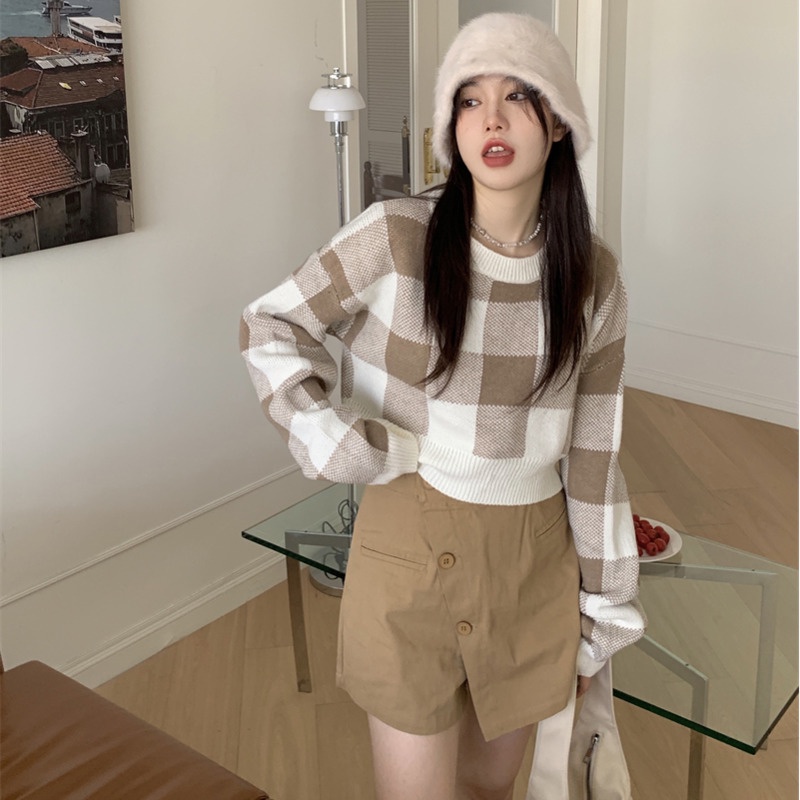 Áo lửng tay dài cổ tròn họa tiết sọc caro phong cách mới cho nữ