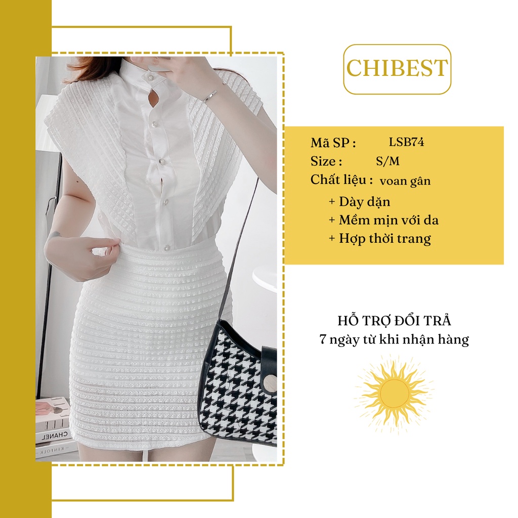Set bộ nữ chân váy chữ A ren xốp kèm áo cổ trụ tay cánh tiên CHIBEST LSB74