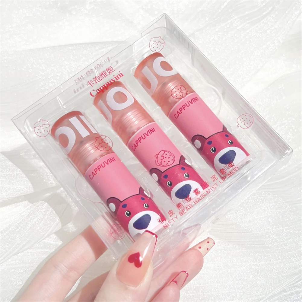 Bộ 3 son môi ANNIES Cappuvini nhám nhung trắng trong hình gấu hồng cá tuyết