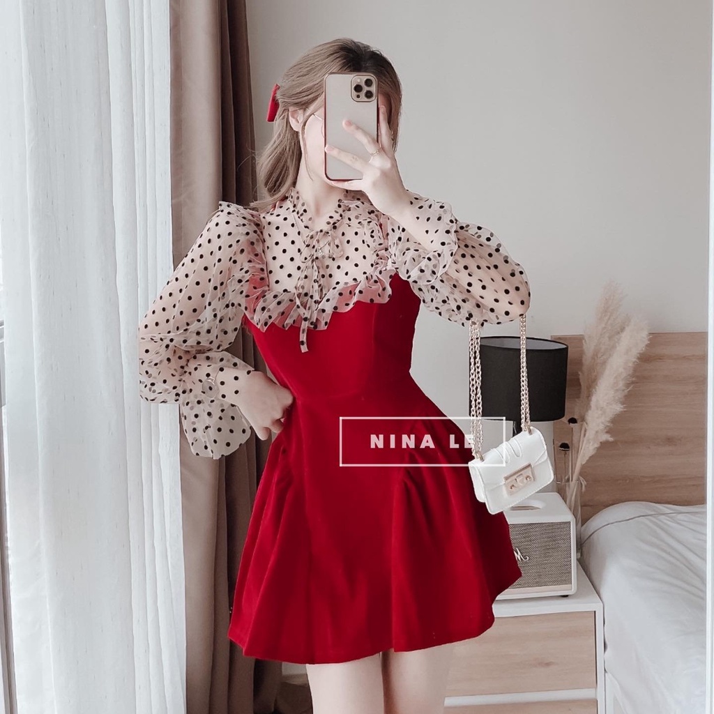 Đầm tay dài phối lưới chấm bi kết hợp với cột nơ xinh xắn, dễ thương thời trang nữ dành cho các nàng đi chơi,dự tiệc | BigBuy360 - bigbuy360.vn