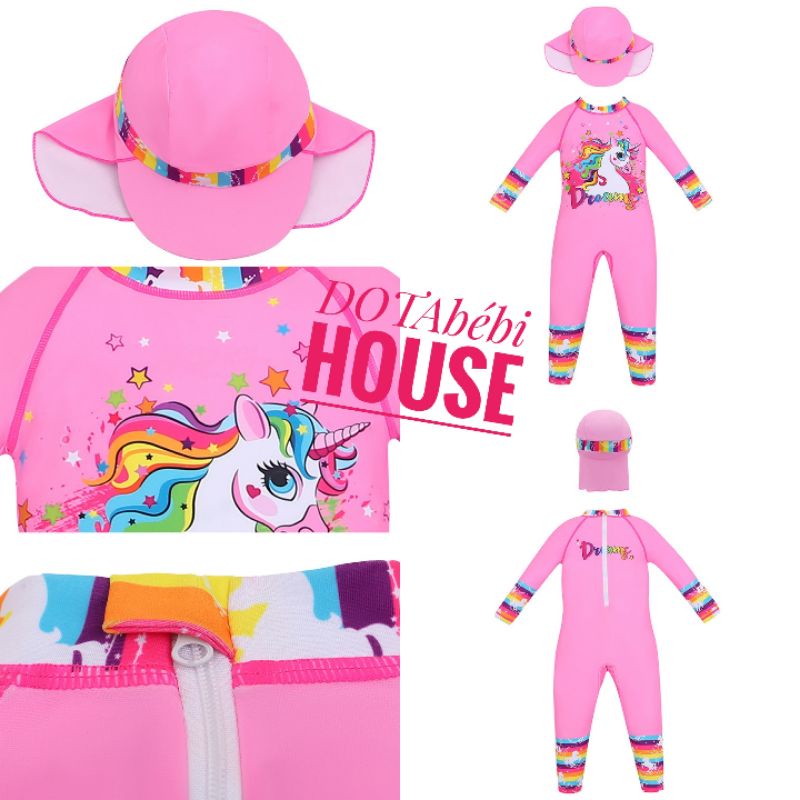 15-35kg Đồ bơi liền thân quần dài tay dài kỳ lân hồng size đại cho bé gái có nón che gáy-DOTAbébi HOUSE mã SW0306.9317