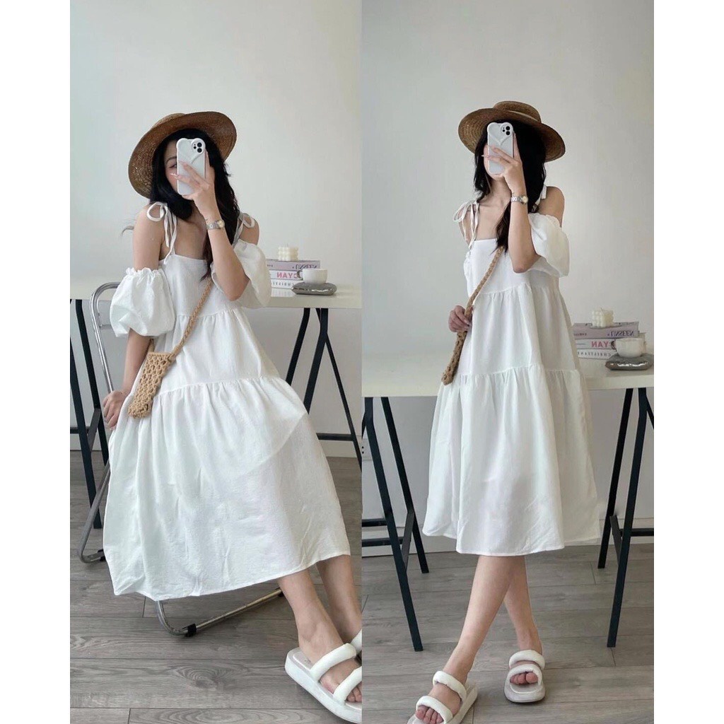 Váy Maxi 2 dây tay rời dáng babydoll chất đũi mặc được 4 kiểu phom suông màu đen xanh cốm trắng