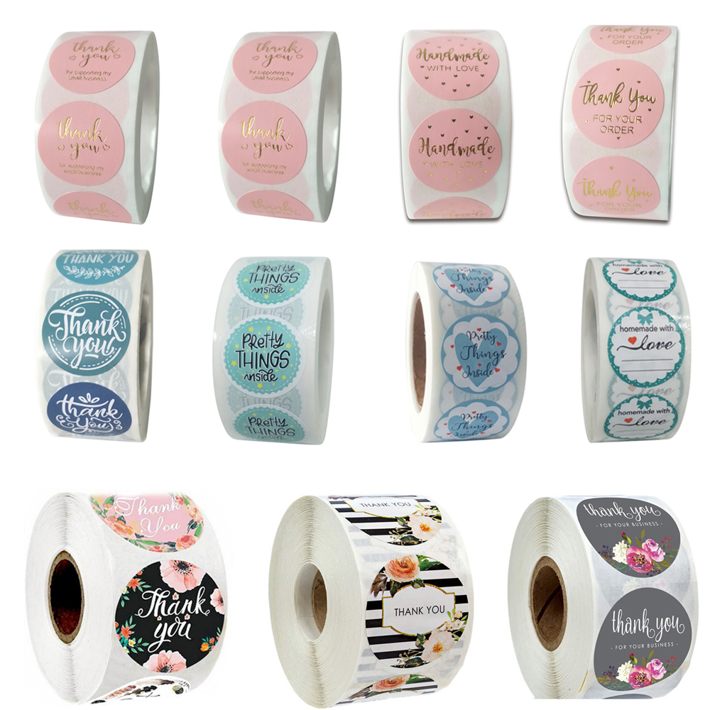 Cuộn 500 nhãn dán hình tròn tự dính họa tiết Thank You dùng trang trí đám cưới/gói quà DIY