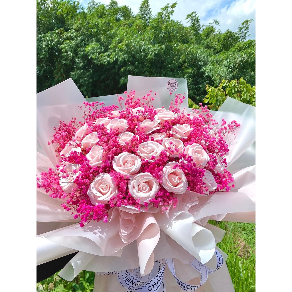 Bó hoa sáp kết hợp baby hồng tông màu nhẹ nhàng xinh xắn