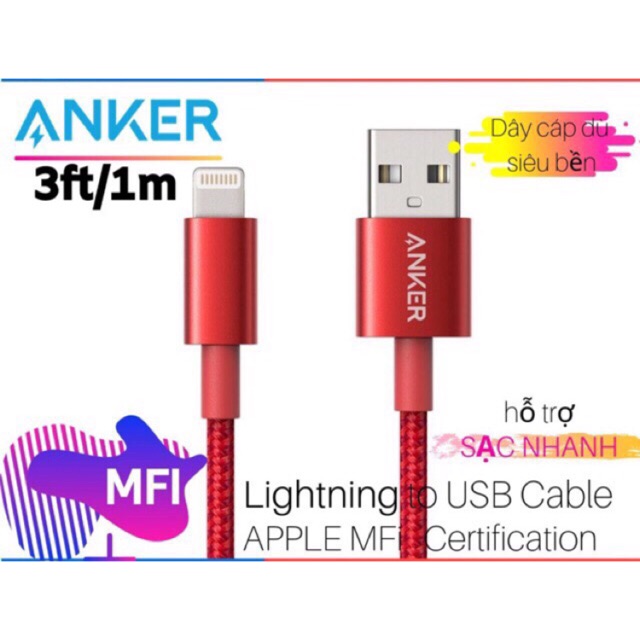 Dây cáp siêu bền iPhone / iPad / iPod 1m A8152 Chính hãng ANKER