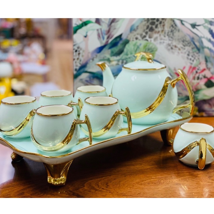 Bộ bình cốc 609 sứ kèm khay cao cấp màu trắng viền vàng-- combo 2 bộ