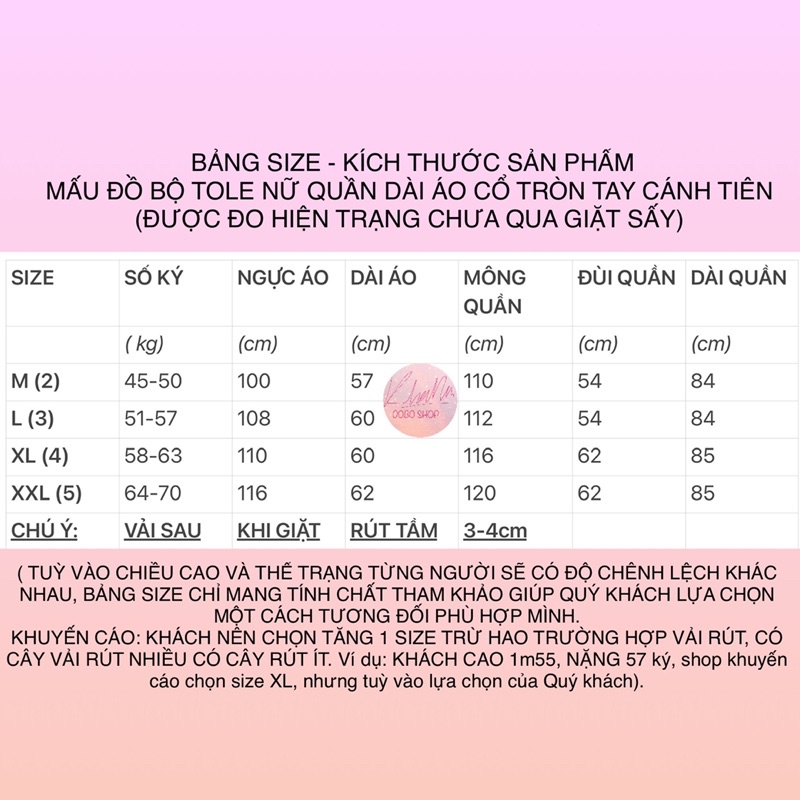 Đồ bộ tole nữ loại 1, 45-70 ký, Quần dài 9 tất áo cổ tròn tay cánh tiên, Khả Nhi Dobo Shop