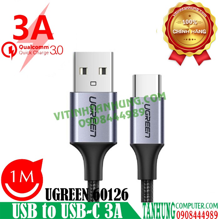 Cáp Sạc USB A to USB-C Hỗ Trợ Sạc Nhanh QC 3.0 Đầu nhôm,Dây Bọc Dù Ugreen 60126 60127 60128