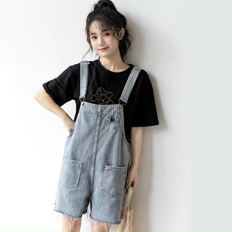 Quần short yếm jean nữ phối túi kiểu cực xinh size SML