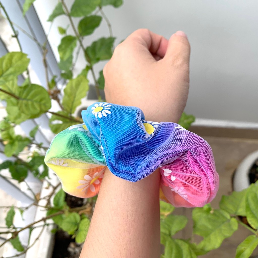 Cột tóc scrunchies voan lưới hoa cúc 2 lớp